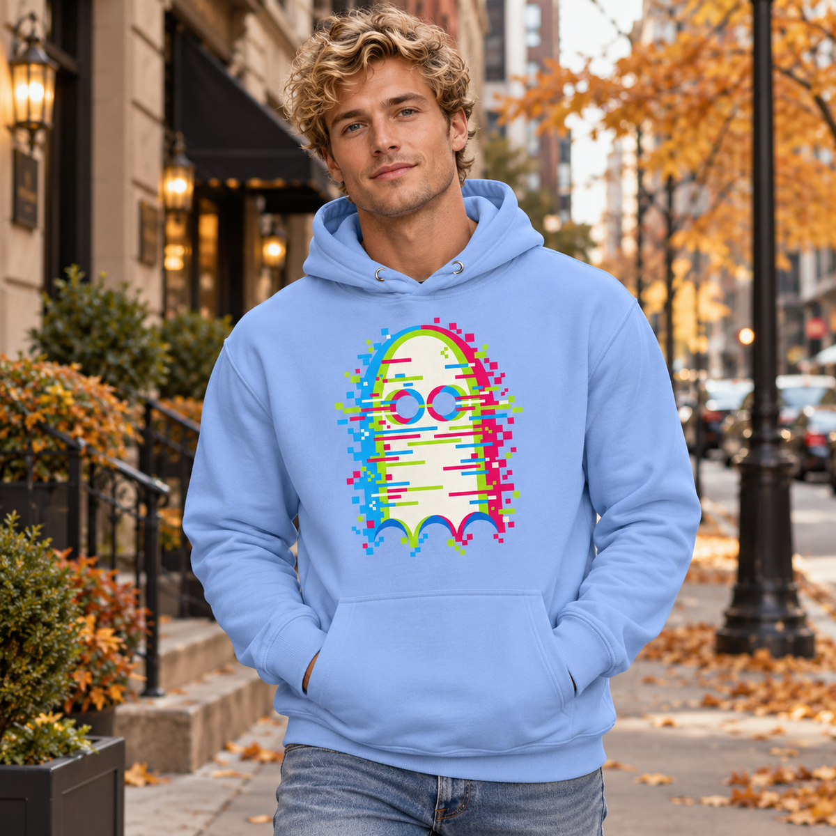 Glitch'd Pixel Ghost Error Hoodie Graphic Tee — front view