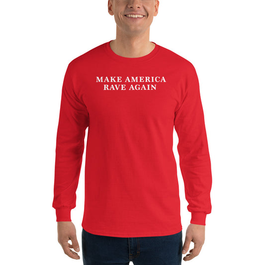 "Make America Rave Again" Men’s Long Sleeve Shirt - red shirt white lettering MAGA