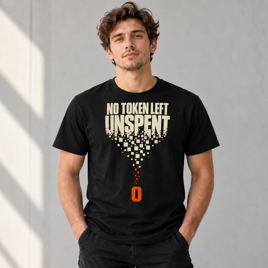 A man wearing a black graphic t-shirt with the text 'NO TOKEN LEFT UNSPENT' and a pixelated coin design in beige and orange, standing against a gray wall with soft shadows. graphic tee