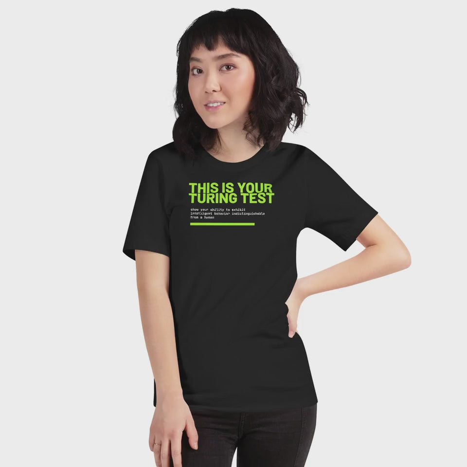 Turing Test Tshirt. model shows black shirt with matrix background