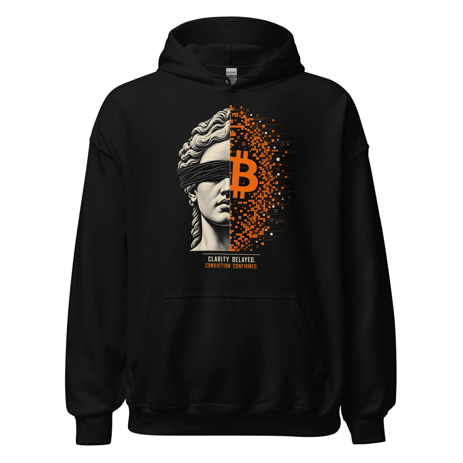 Bitcoin Clarity Delayed Conviction Confirmed Hoodie graphic tee — back view