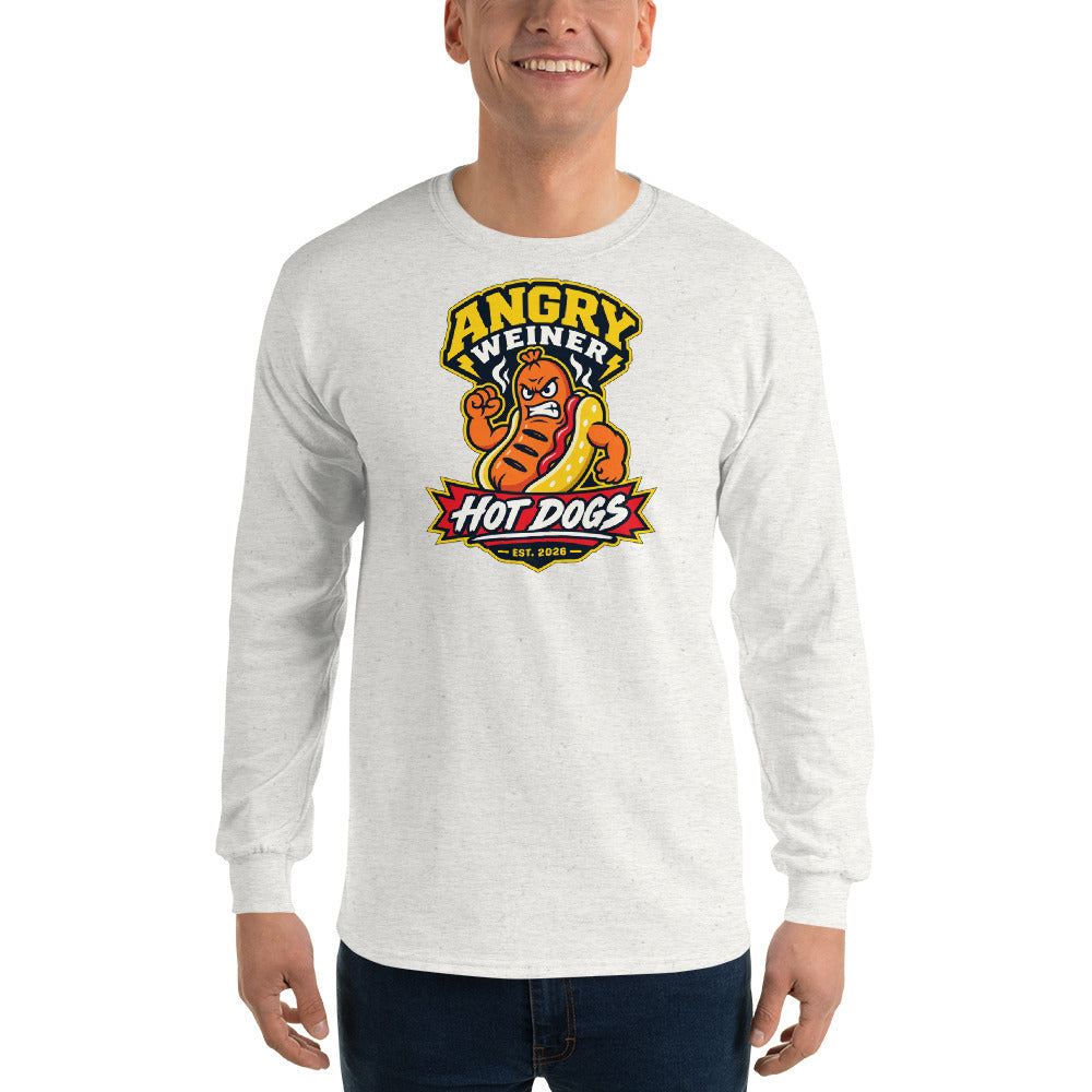 Ash long sleeve shirt with a cartoon hot dog flexing in a mustard bun under the words Angry Weiner and a red Hot Dogs Est. 2026 banner Graphic Tee — view 3