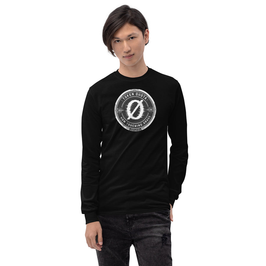 Person wearing a black long-sleeve shirt with a white AI Token quota design on a white background