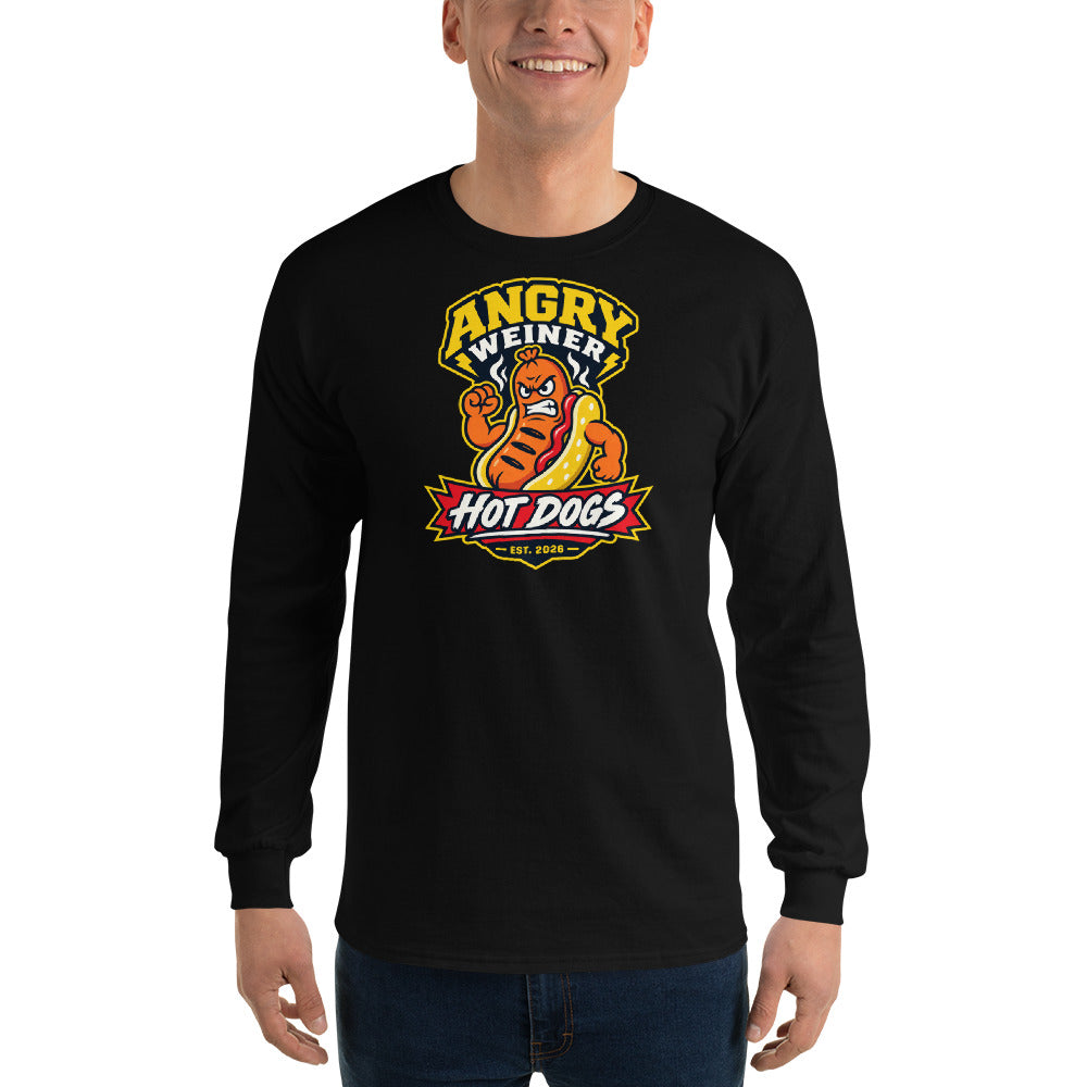 Black long sleeve shirt with a cartoon hot dog flexing in a mustard bun under the words Angry Weiner and a red Hot Dogs Est. 2026 banner Graphic Tee — front view