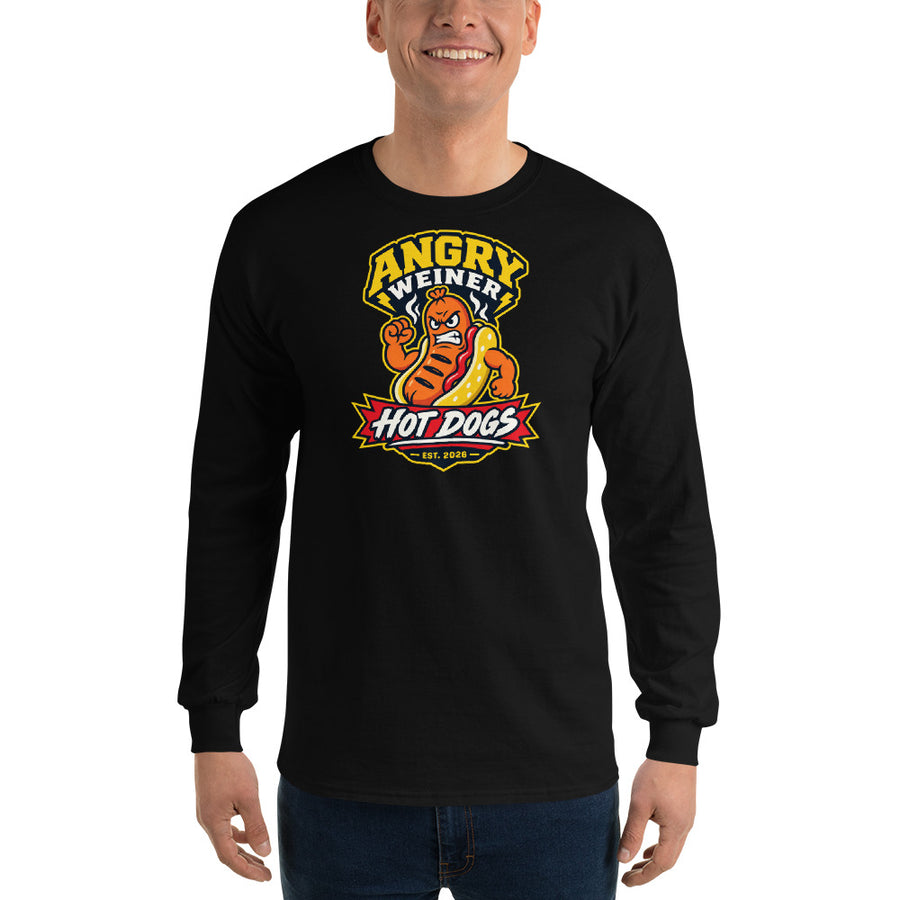 Black long sleeve shirt with a cartoon hot dog flexing in a mustard bun under the words Angry Weiner and a red Hot Dogs Est. 2026 banner graphic tee