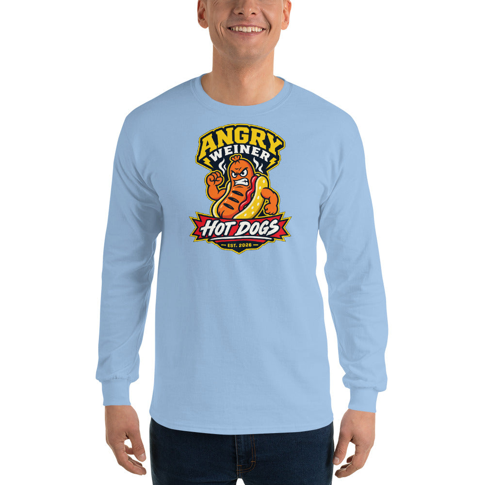 blue long sleeve shirt with a cartoon hot dog flexing in a mustard bun under the words Angry Weiner and a red Hot Dogs Est. 2026 banner Graphic Tee — back view