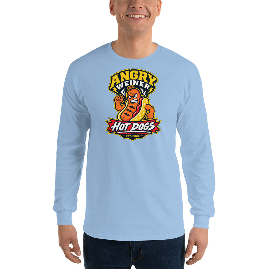 blue long sleeve shirt with a cartoon hot dog flexing in a mustard bun under the words Angry Weiner and a red Hot Dogs Est. 2026 banner graphic tee — back view