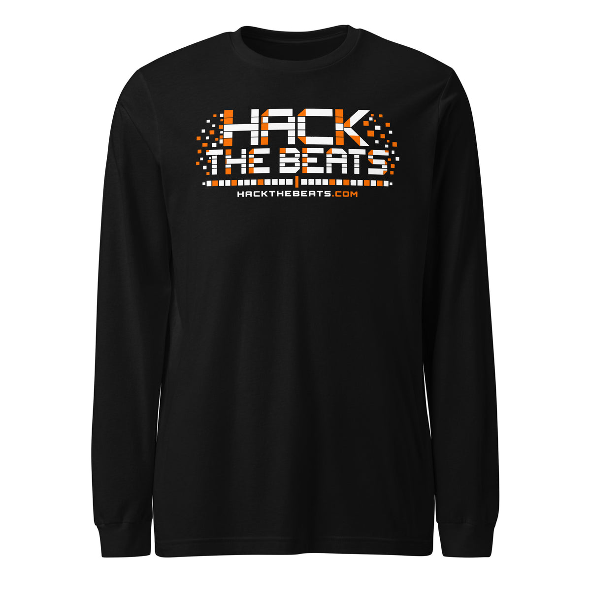 long sleeve shirt with a pixel-style logo reading Hack the Beats in white and orange block letters, an orange and white dotted bar underneath, and HackTheBeats.com in small orange text Graphic Tee — front view