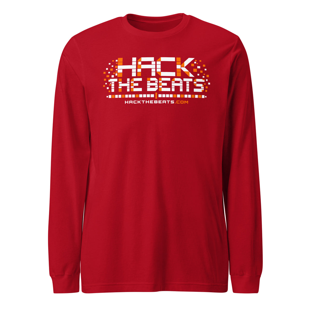 long sleeve shirt with a pixel-style logo reading Hack the Beats in white block letters, an red and white dotted bar underneath, and HackTheBeats.com in small orange text Graphic Tee — back view