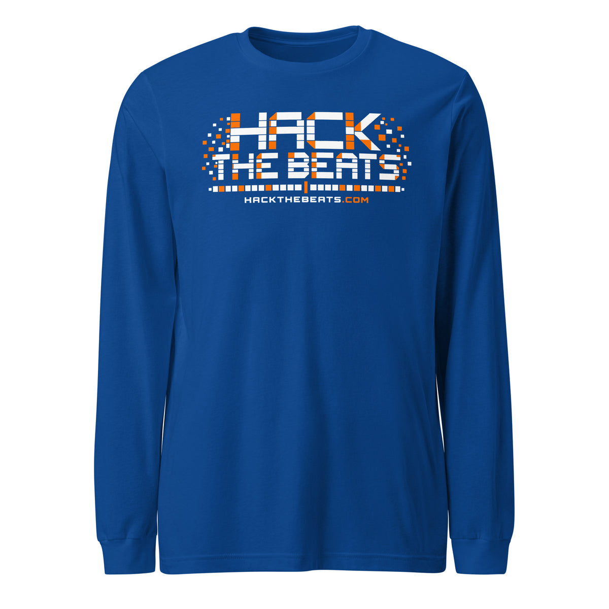 long sleeve shirt with a pixel-style logo reading Hack the Beats in white and orange block letters, an orange and white dotted bar underneath, and HackTheBeats.com in small orange text on blue shirt Graphic Tee — view 3