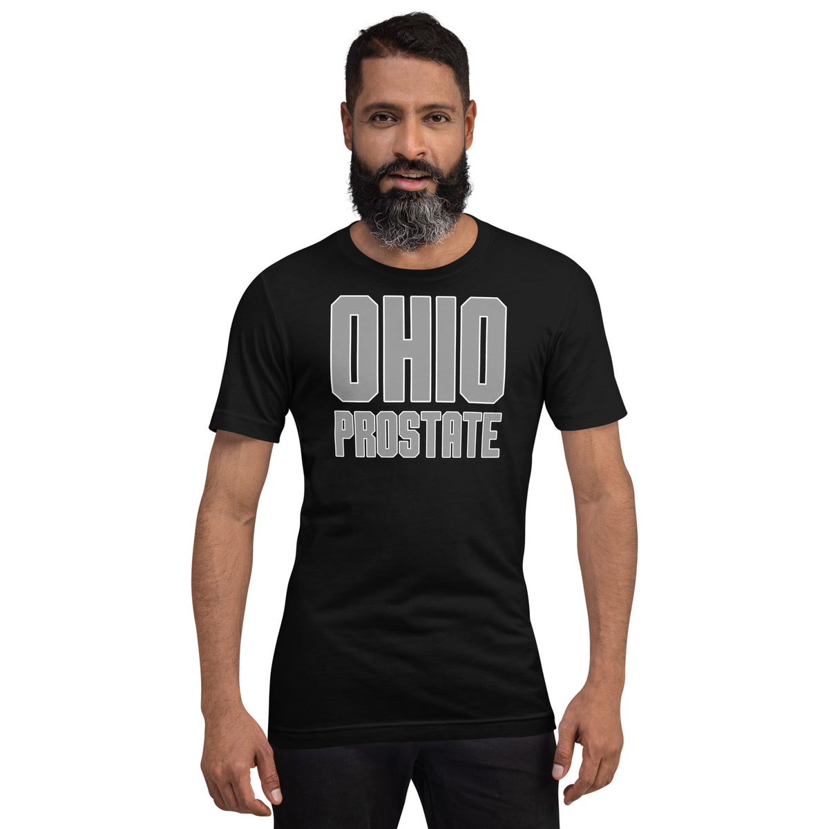 A man wearing a black T-shirt with the text 'OHIO PROSTATE' printed in white.