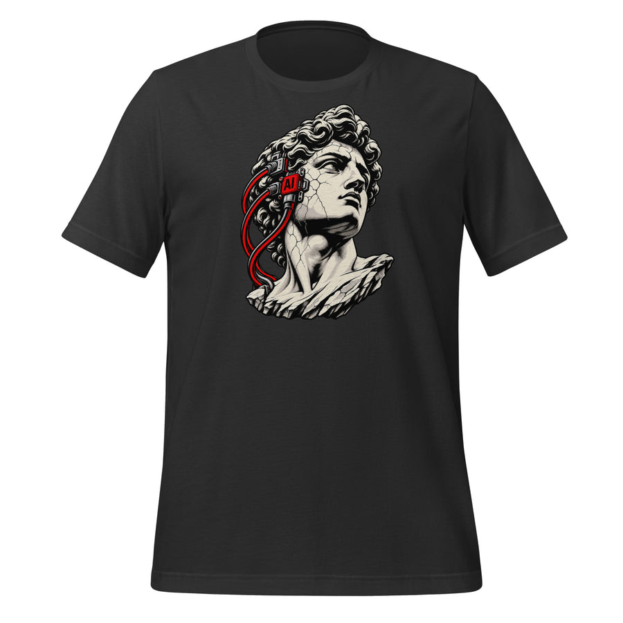 Grey t-shirt with a cracked classical marble bust wearing a red AI headset and cables on the side of the head graphic tee — back view