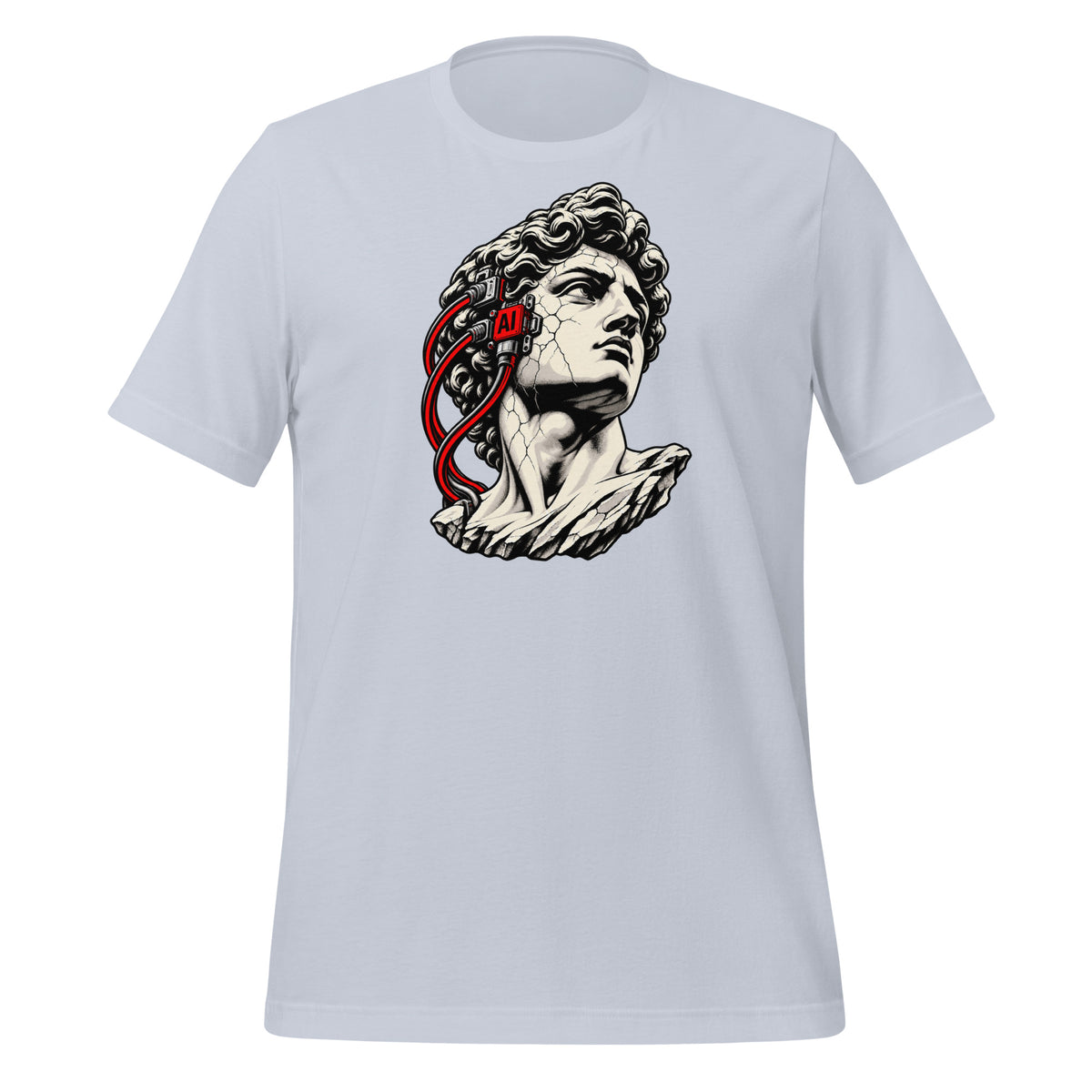 light blue t-shirt with a cracked classical marble bust wearing a red AI headset and cables on the side of the head Graphic Tee — view 4