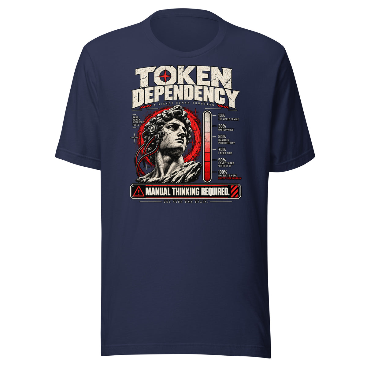 Navy tee- Token Dependency graphic of a cracked classical statue with an AI headset and cables, next to a red usage meter from 10% The World Is Mine to 100% Forced To Use Own Brain, with the warning Manual Thinking Required Graphic Tee — back view