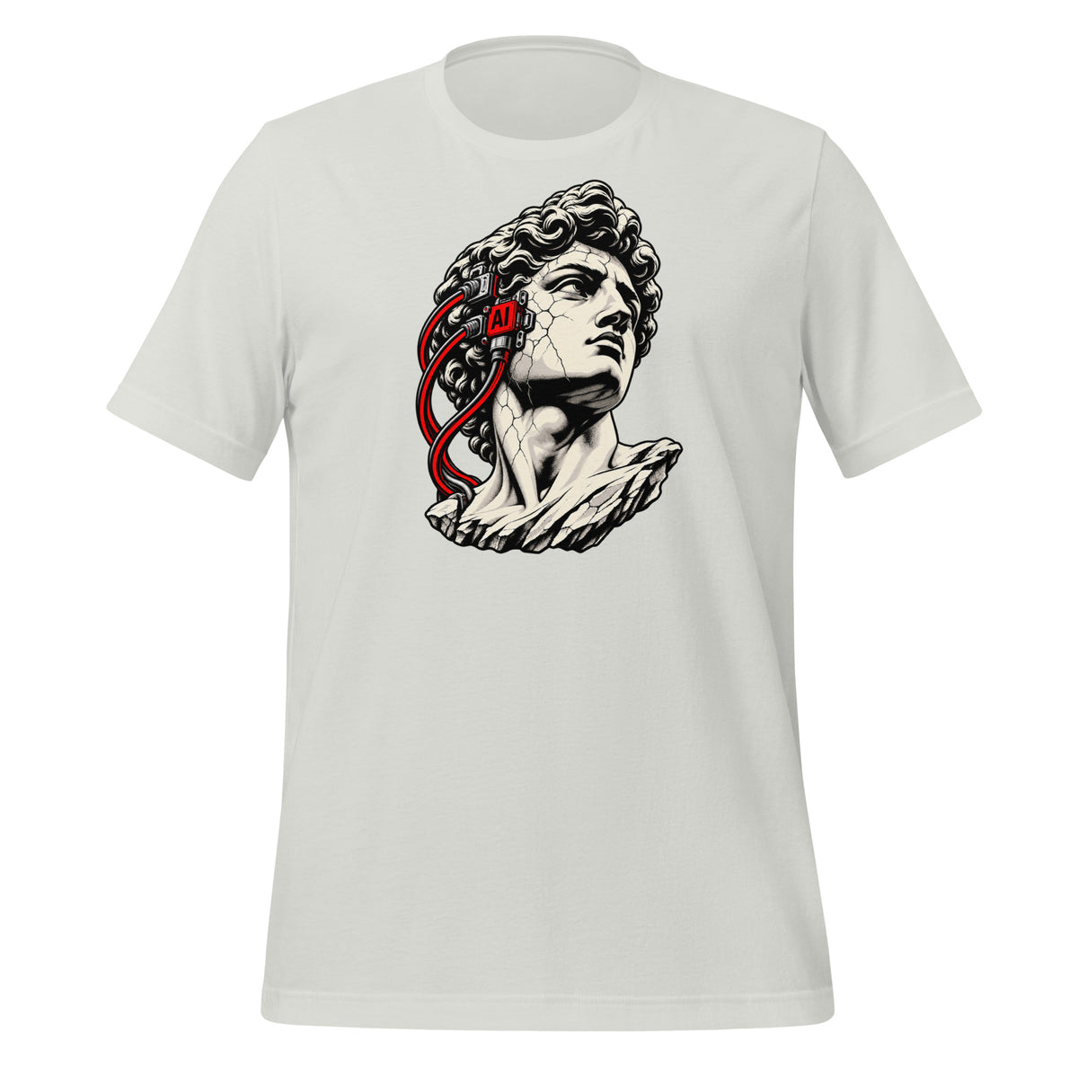 silver t-shirt with a cracked classical marble bust wearing a red AI headset and cables on the side of the head Graphic Tee — view 5