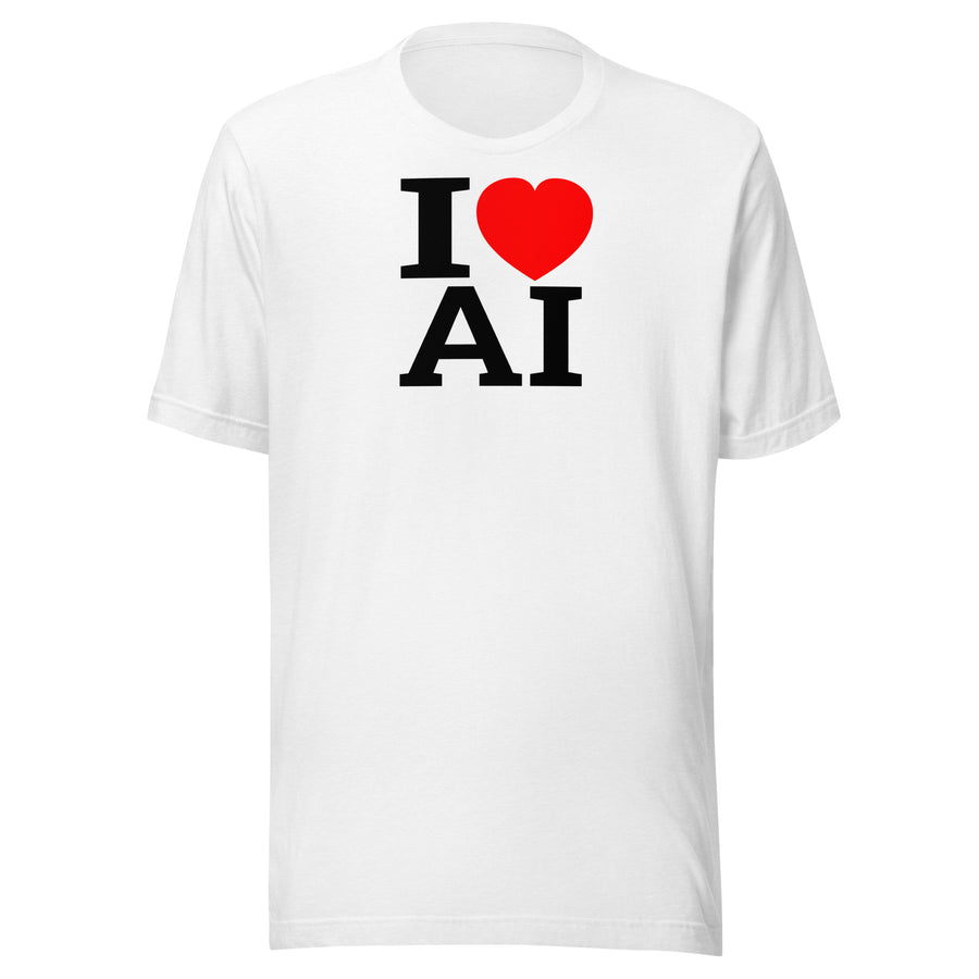 white tshirt with I Heart AI words on front design graphic tee