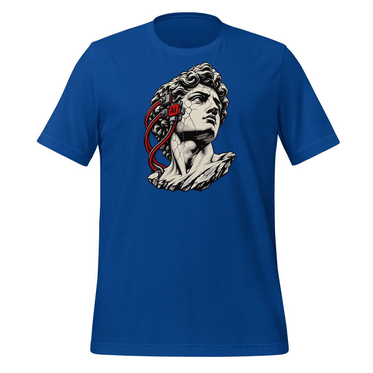 Blue t-shirt with a cracked classical marble bust wearing a red AI headset and cables on the side of the head Graphic Tee — view 3