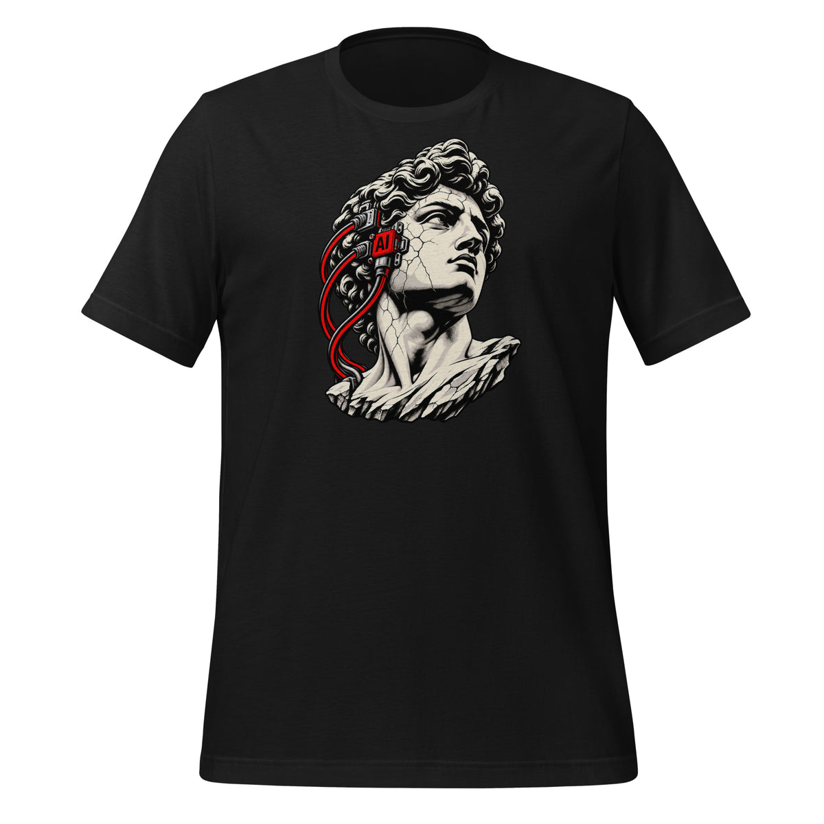 Black t-shirt with a cracked classical marble bust wearing a red AI headset and cables on the side of the head Graphic Tee — front view