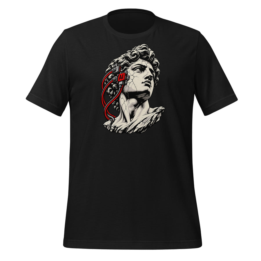 Black t-shirt with a cracked classical marble bust wearing a red AI headset and cables on the side of the head graphic tee