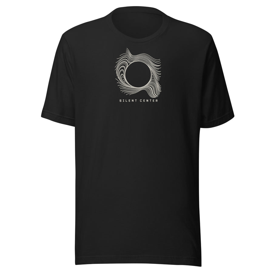 Black front shirt white design shirt depicts a flowing field of fine contour lines bending around an untouched circular void graphic tee